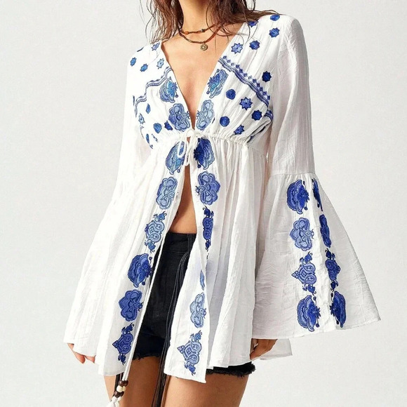 Multicolor Boho Women's Color-Block Embroidered Vacation Casual Shirt - Picture 8 of 8